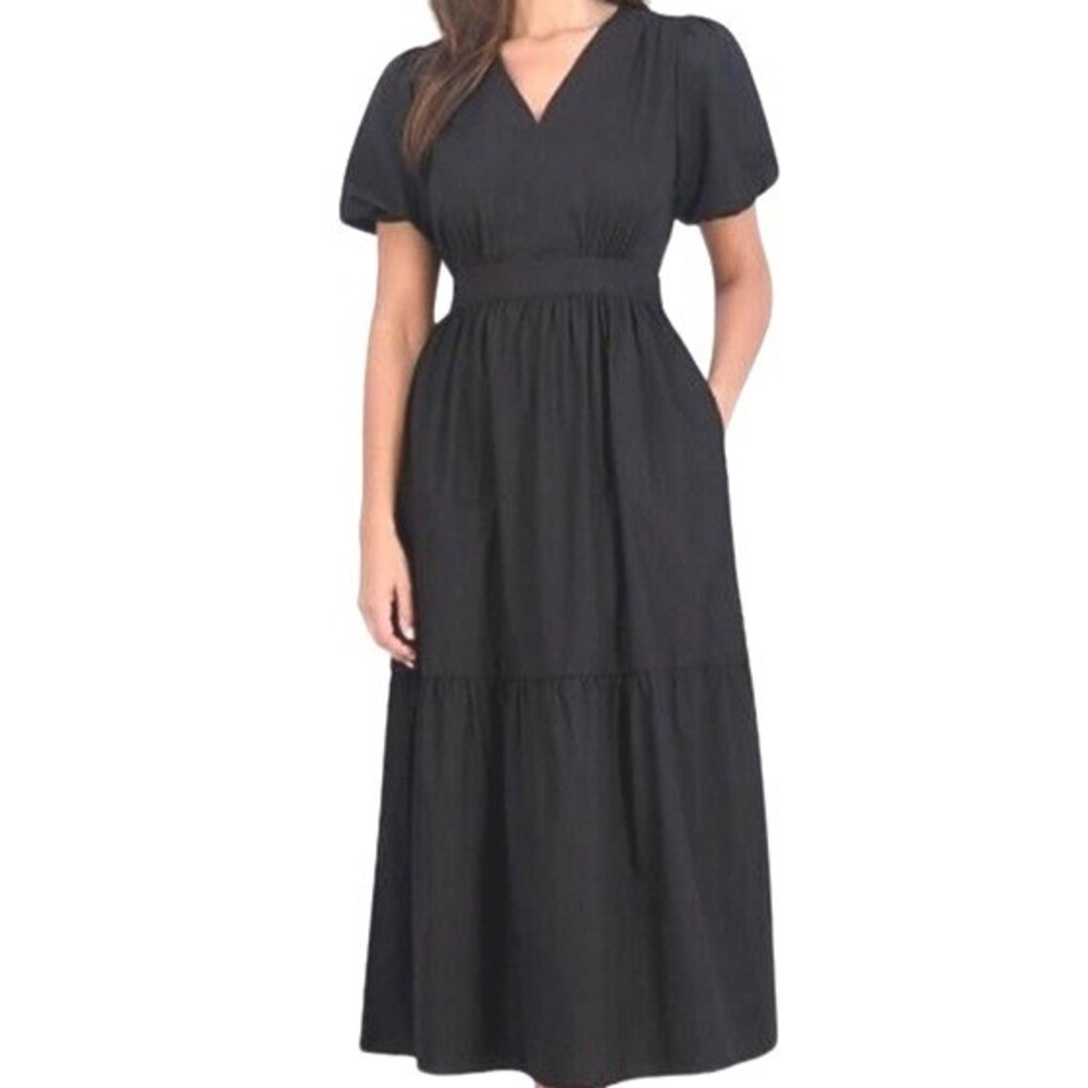 French Connection NWT Black Cotton Poplin Maxi Dress Puff Sleeve V-Neck Tiered M